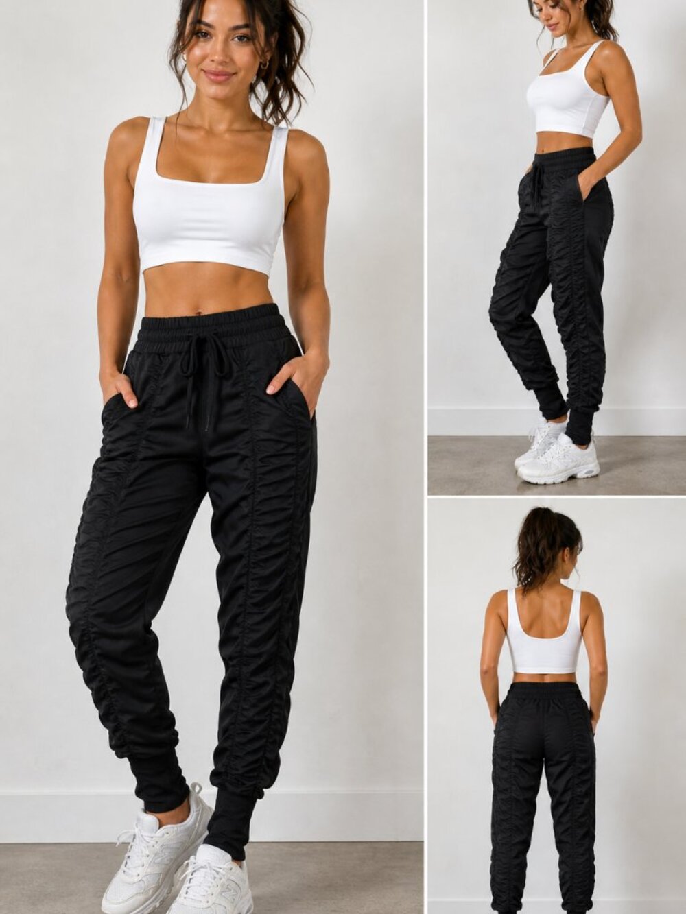 Agogie Black Ruched Joggers High Waist Athletic Scrunch Leggings Pants size PL